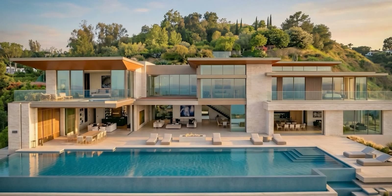 Photorealistic rendering of the same estate at golden hour, glass walls open to a terrace and infinity pool