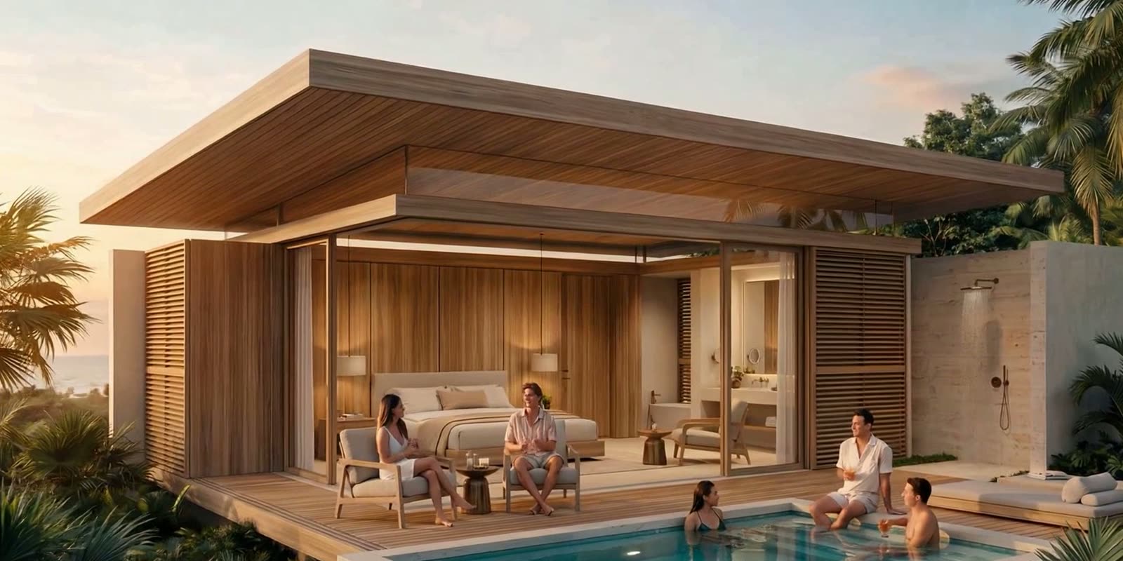 Rendered pool cabana with a family in and around a jacuzzi under a timber canopy