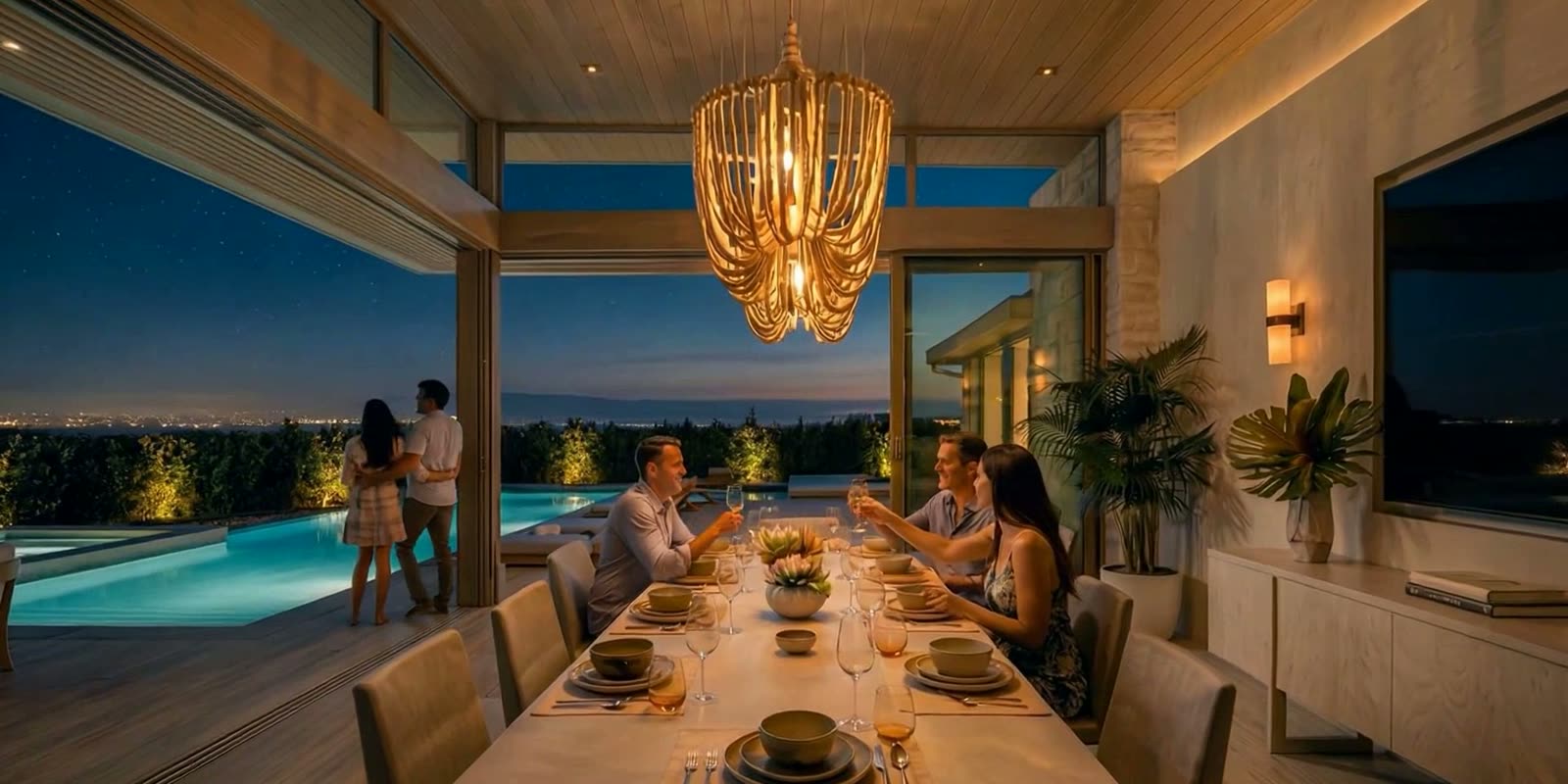 Rendered terrace dining table set for dinner under a chandelier beside the lit pool at night