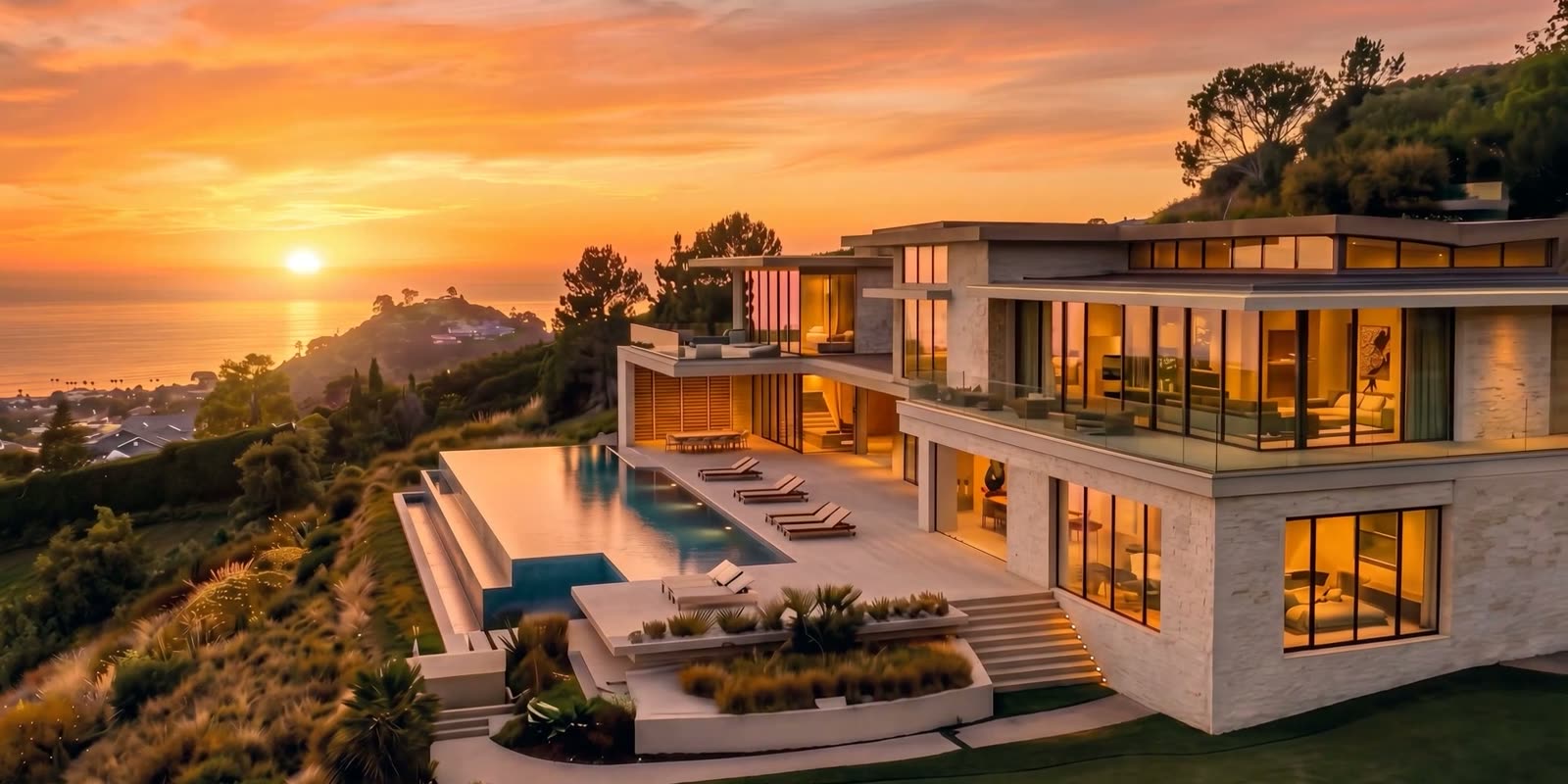 Rendered estate at sunset, glass walls glowing amber above a terrace of loungers and an infinity pool