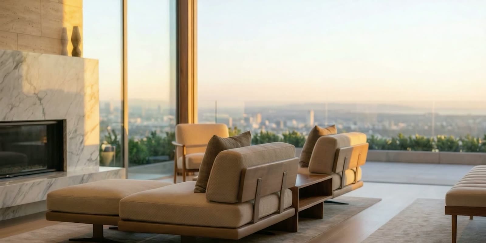 Rendered lounge with a marble fireplace and low sofas facing floor-to-ceiling glass and the city below