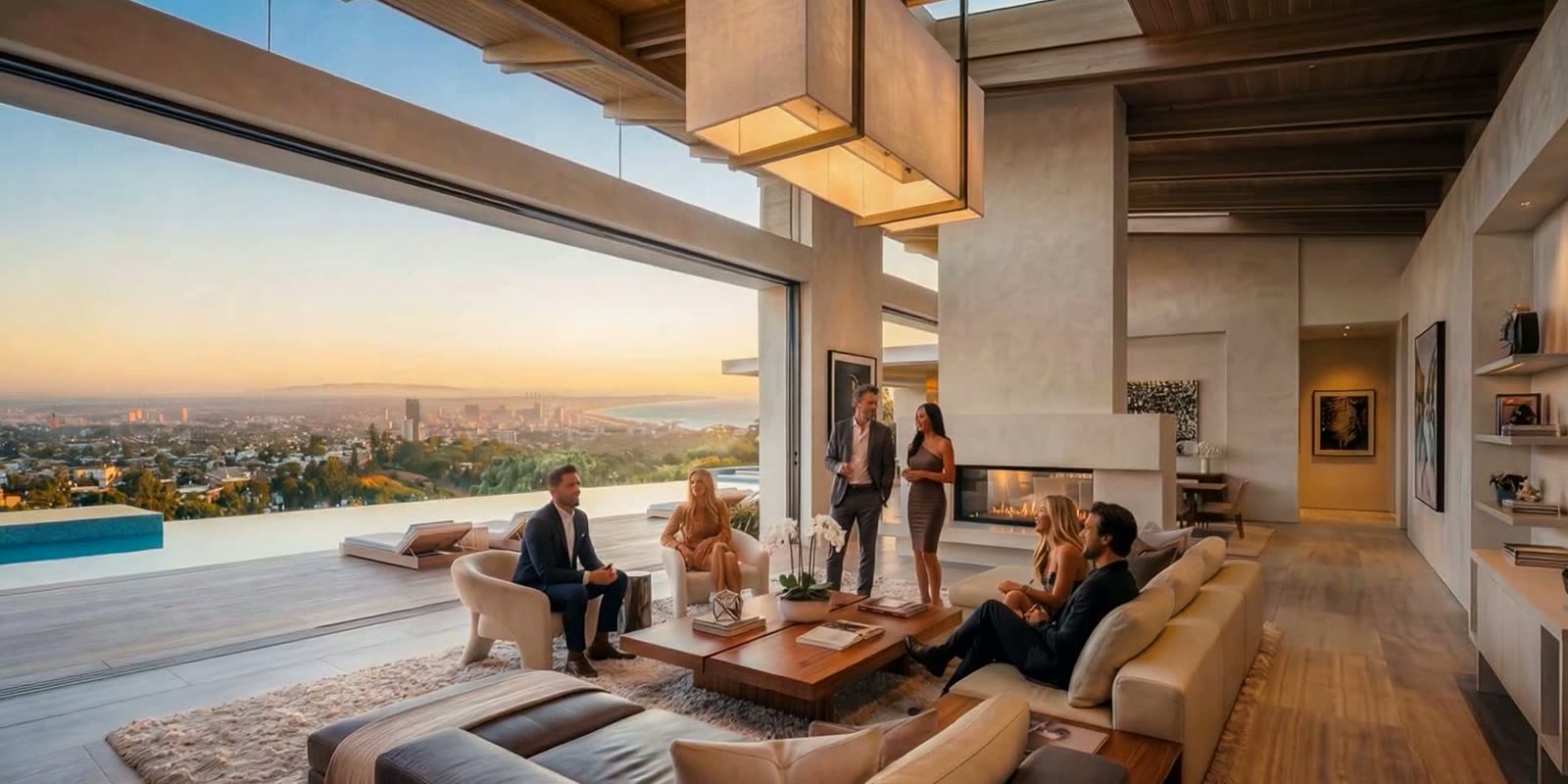 Rendered great room at sunset with a group of people gathered around a low table