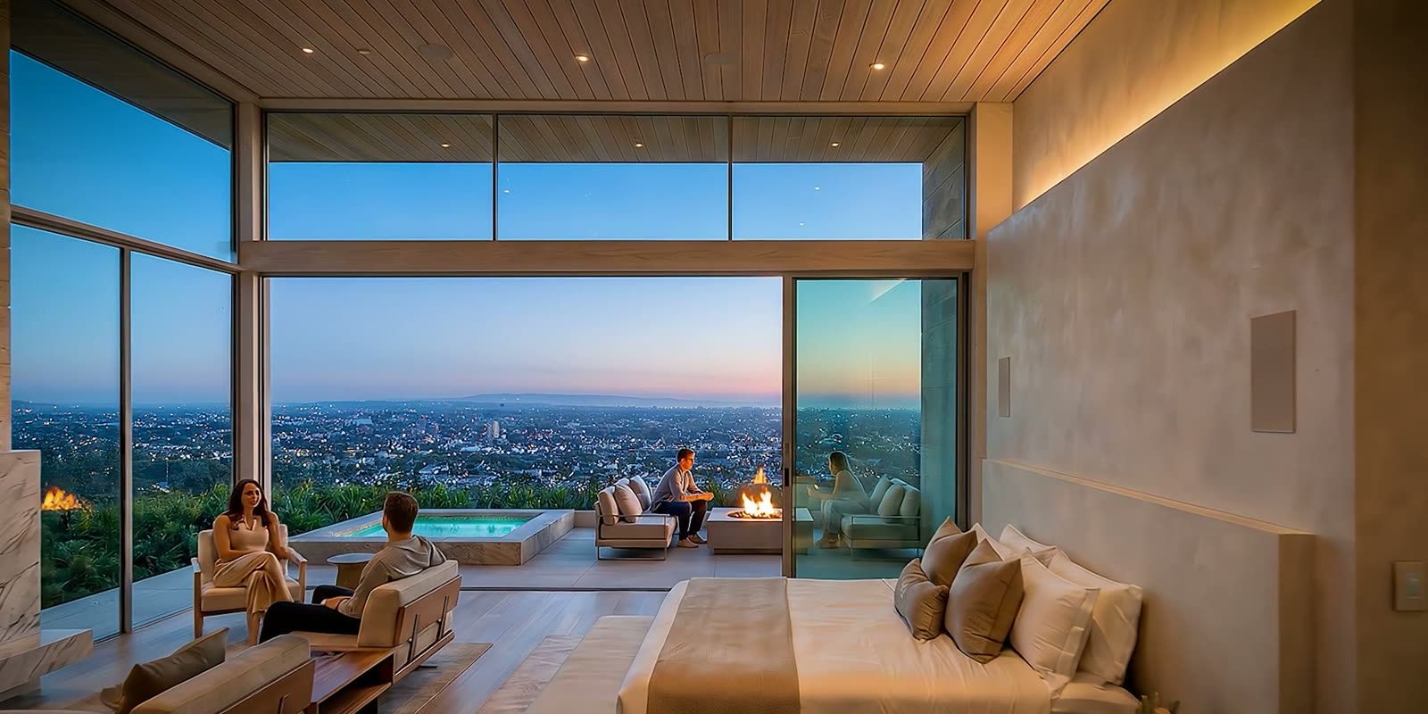 Rendered living room at dusk, glass wall open to a terrace, fire pit and the city lights below