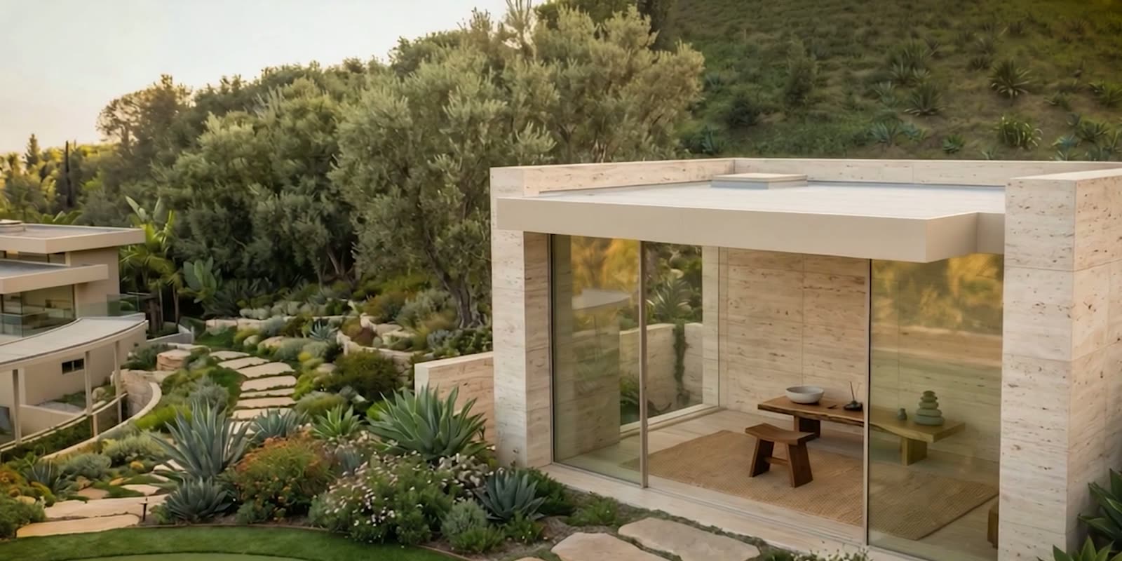 Rendered glass pavilion in a landscaped garden with a stone table inside