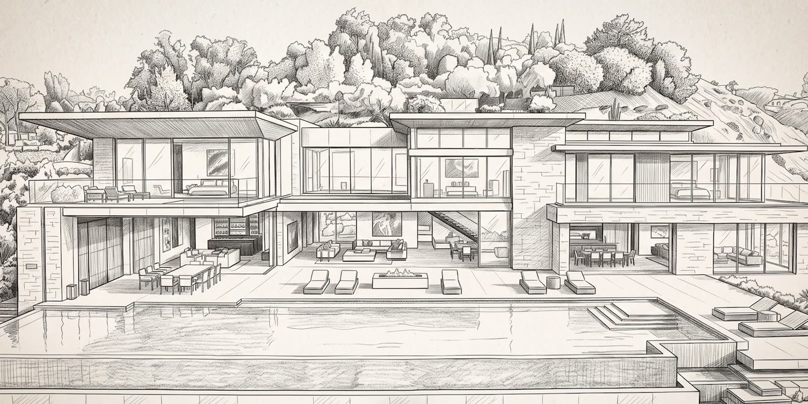 Pencil-style architectural sketch of a two-story modern estate with a long pool in the foreground
