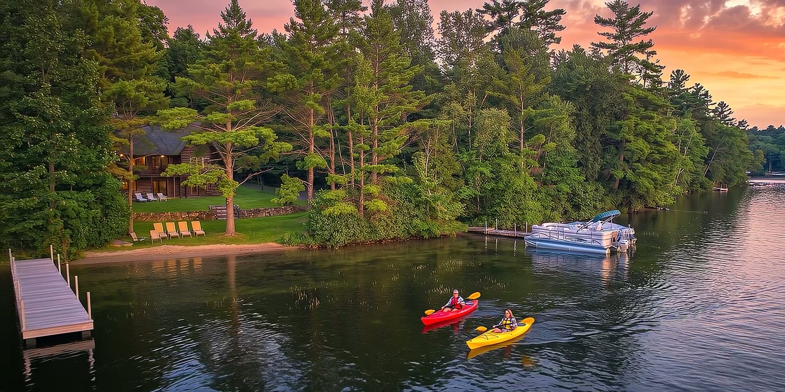 An AI visualization of two kayakers passing a wooded lakefront with a dock and a home among the trees