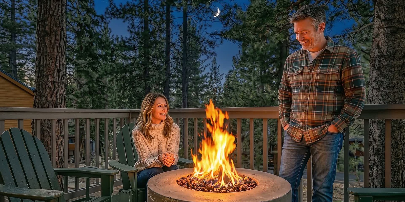 An AI visualization of one person seated and another standing beside a fire on a wooded deck