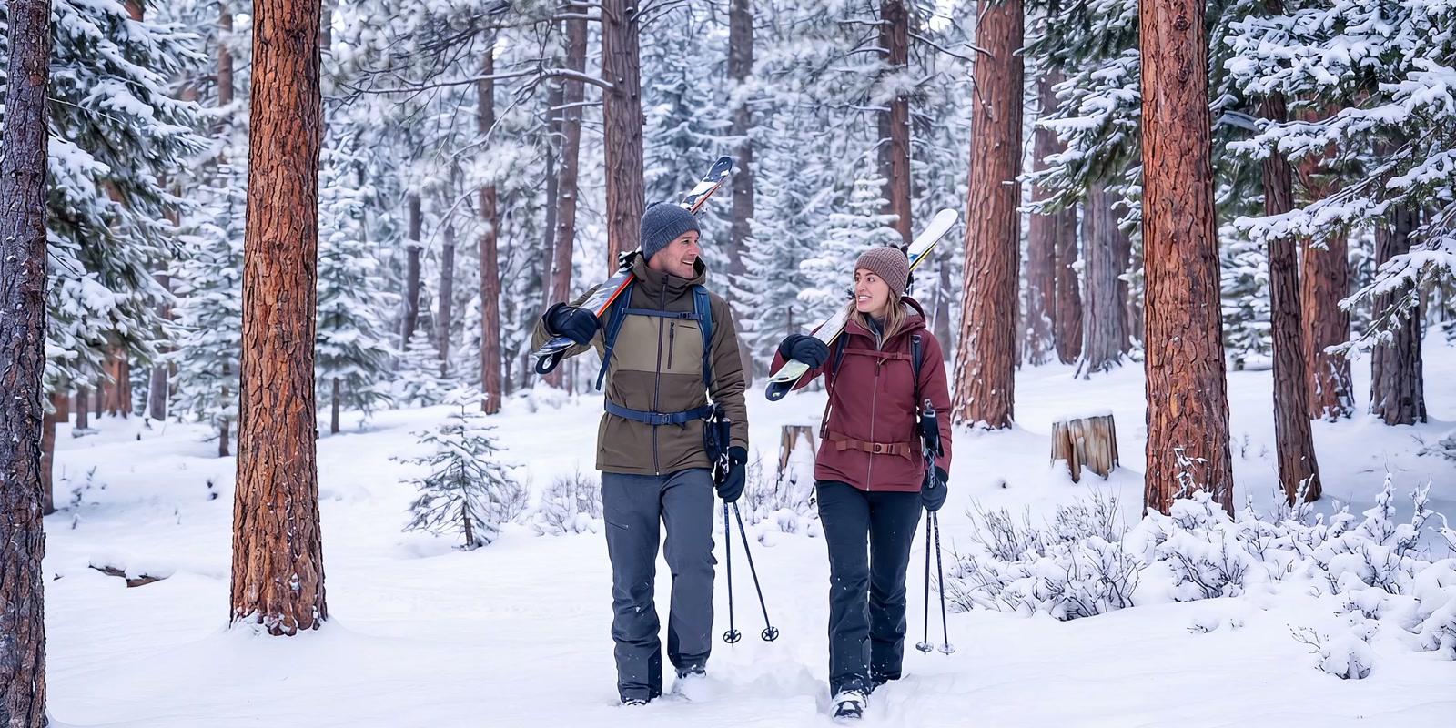 An AI visualization of a couple carrying skis through a snow-covered pine forest