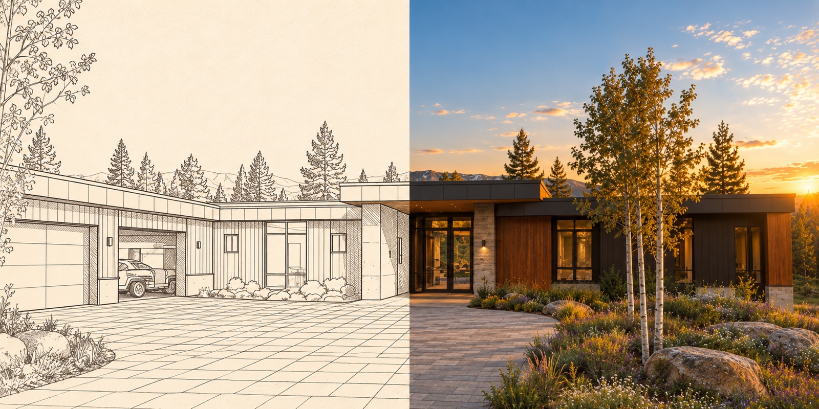 A mountain home split vertically between a cream architectural drawing on the left and a golden-hour AI visualization on the right