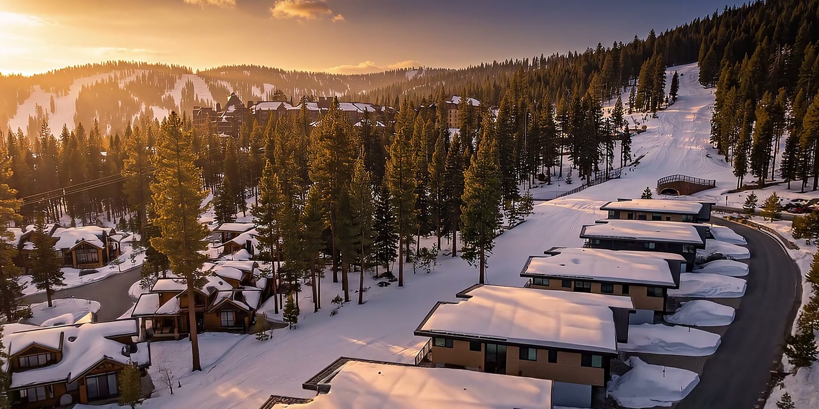 An AI visualization of snow-covered mountain homes among pine trees at sunset
