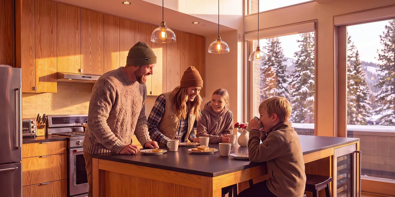 An AI visualization of a family gathered around a kitchen island with snow-covered trees outside
