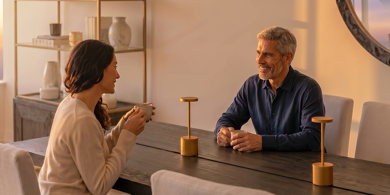 An AI visualization of two people talking over coffee at a table in warm evening light