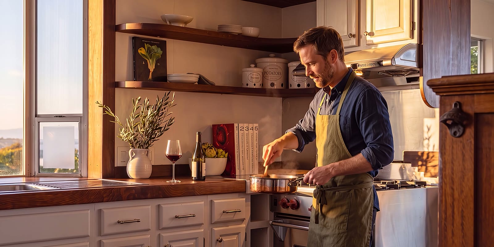 An AI visualization of a man in an apron cooking at a stove in a sunlit kitchen