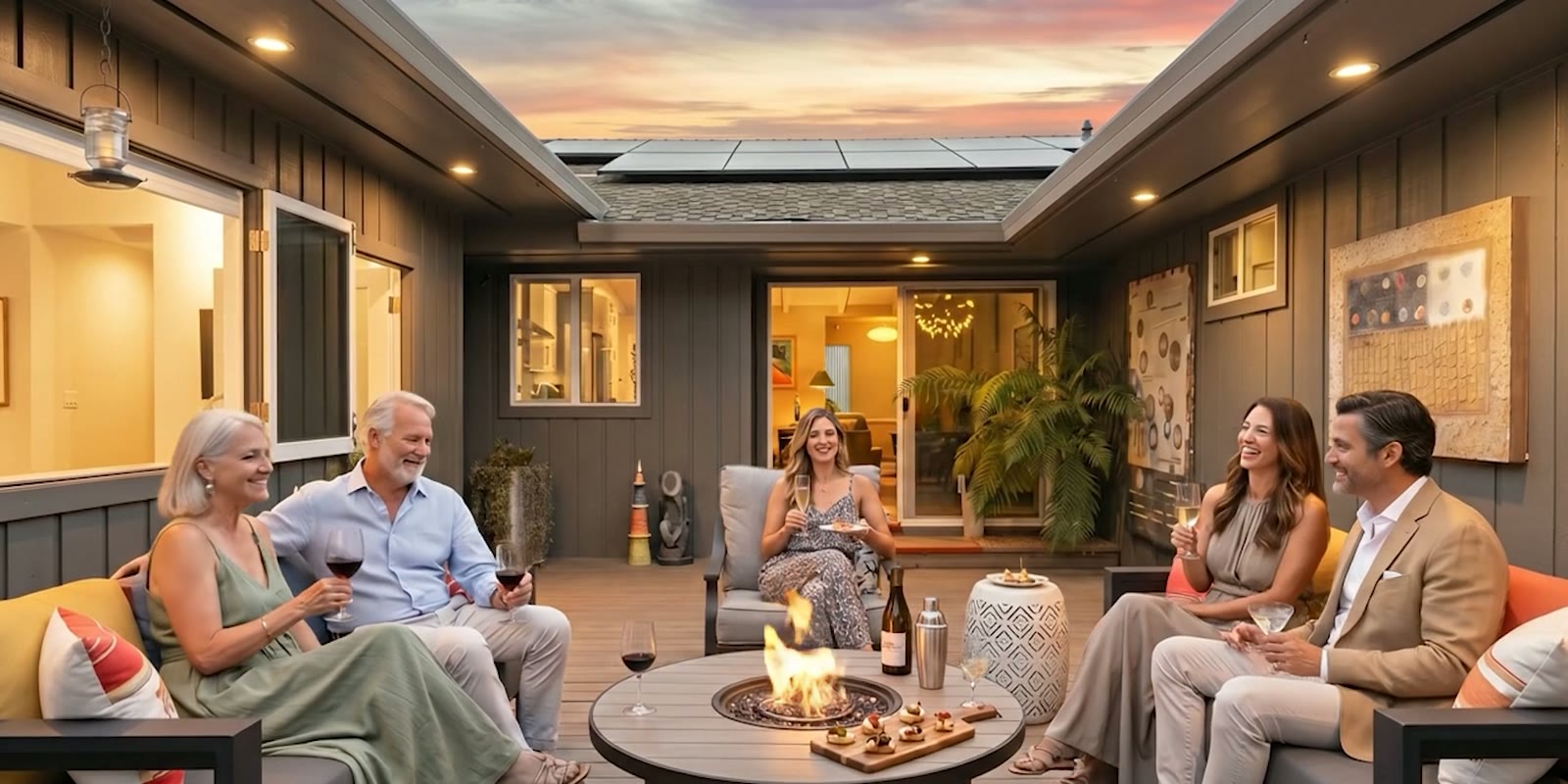 An AI visualization of two couples sharing wine around a fire table in a courtyard at dusk