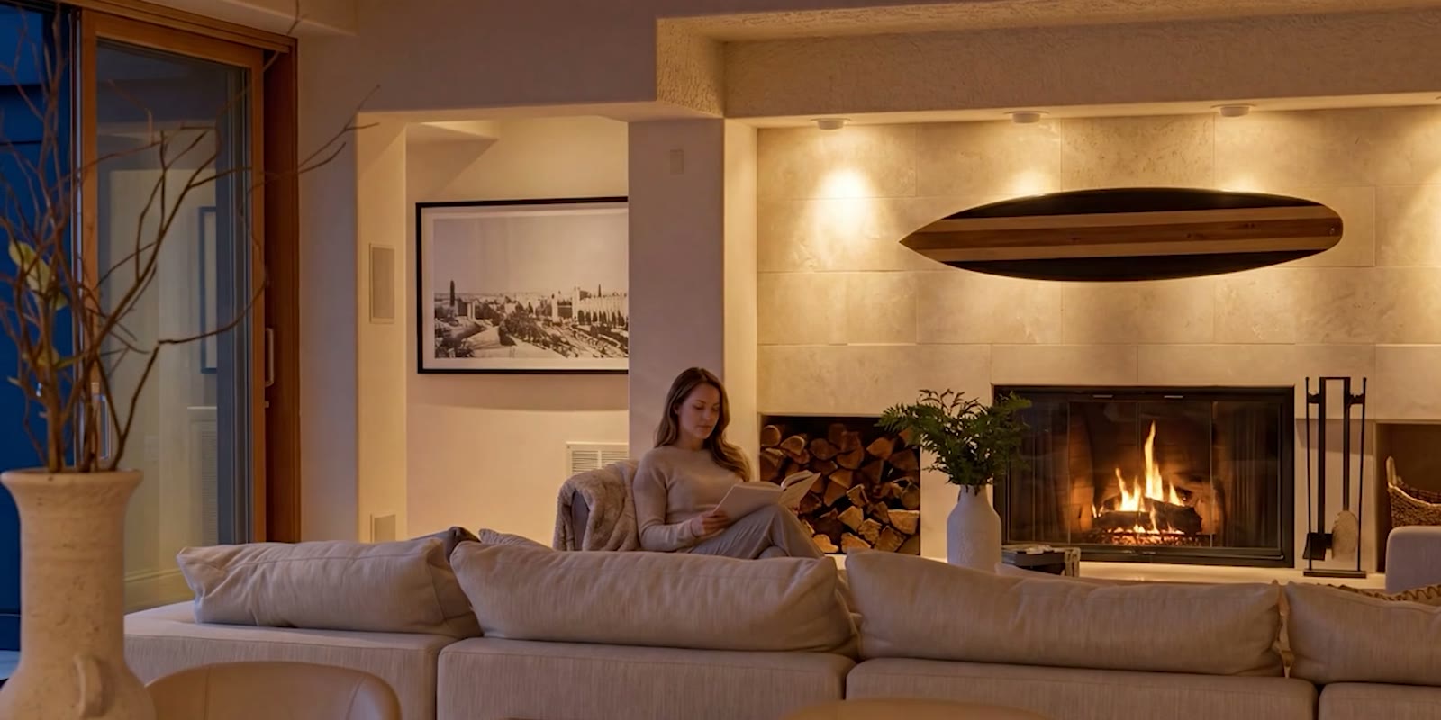 An AI visualization of a woman reading beside a lit fireplace under a wooden surfboard