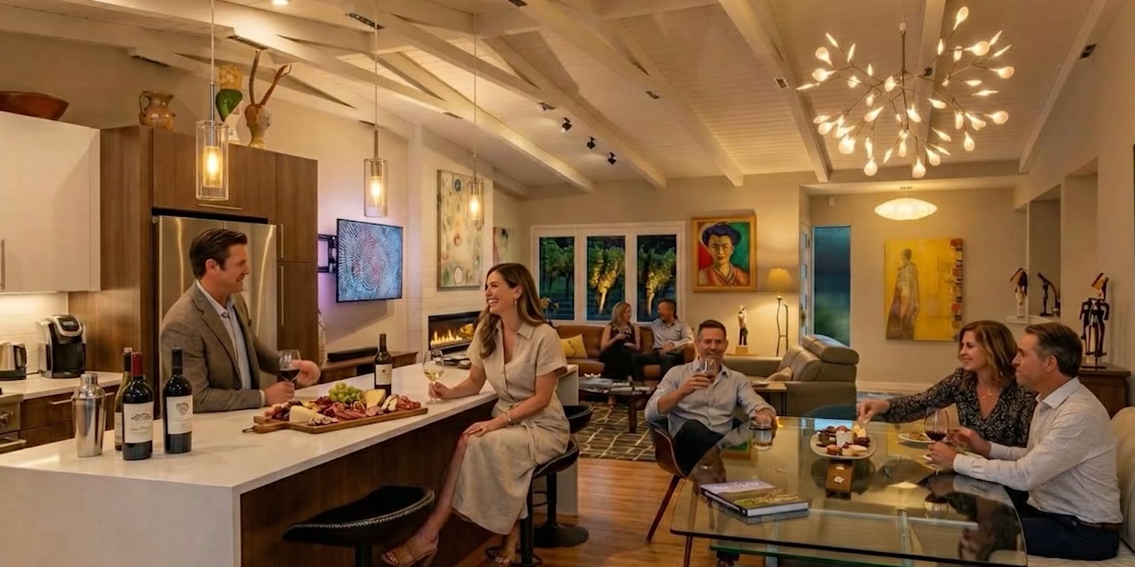 An AI visualization of friends sharing wine and a cheese board around a kitchen island and living room