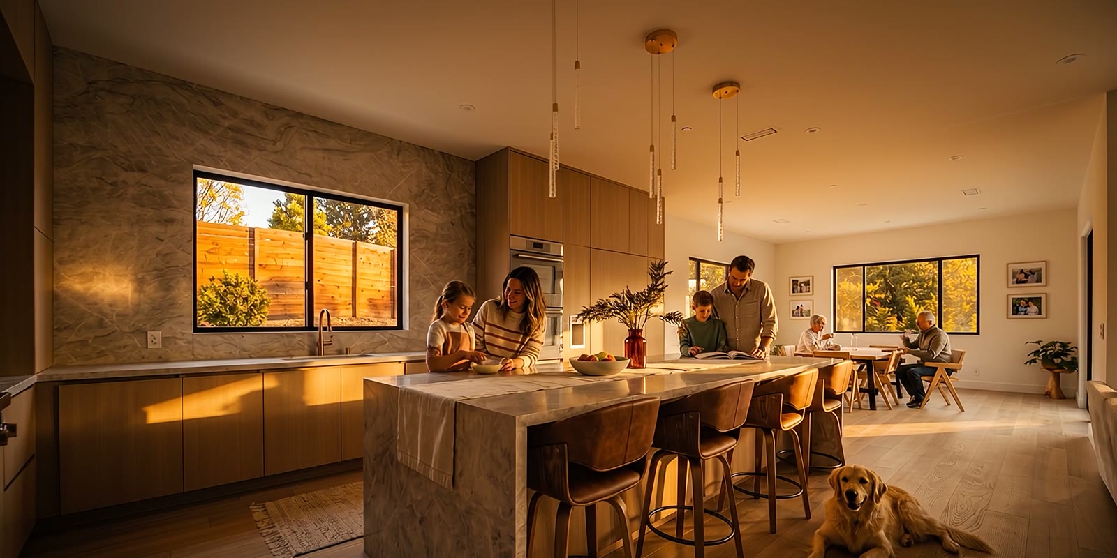An AI visualization of a family gathered around a kitchen island at golden hour, with a golden retriever resting nearby