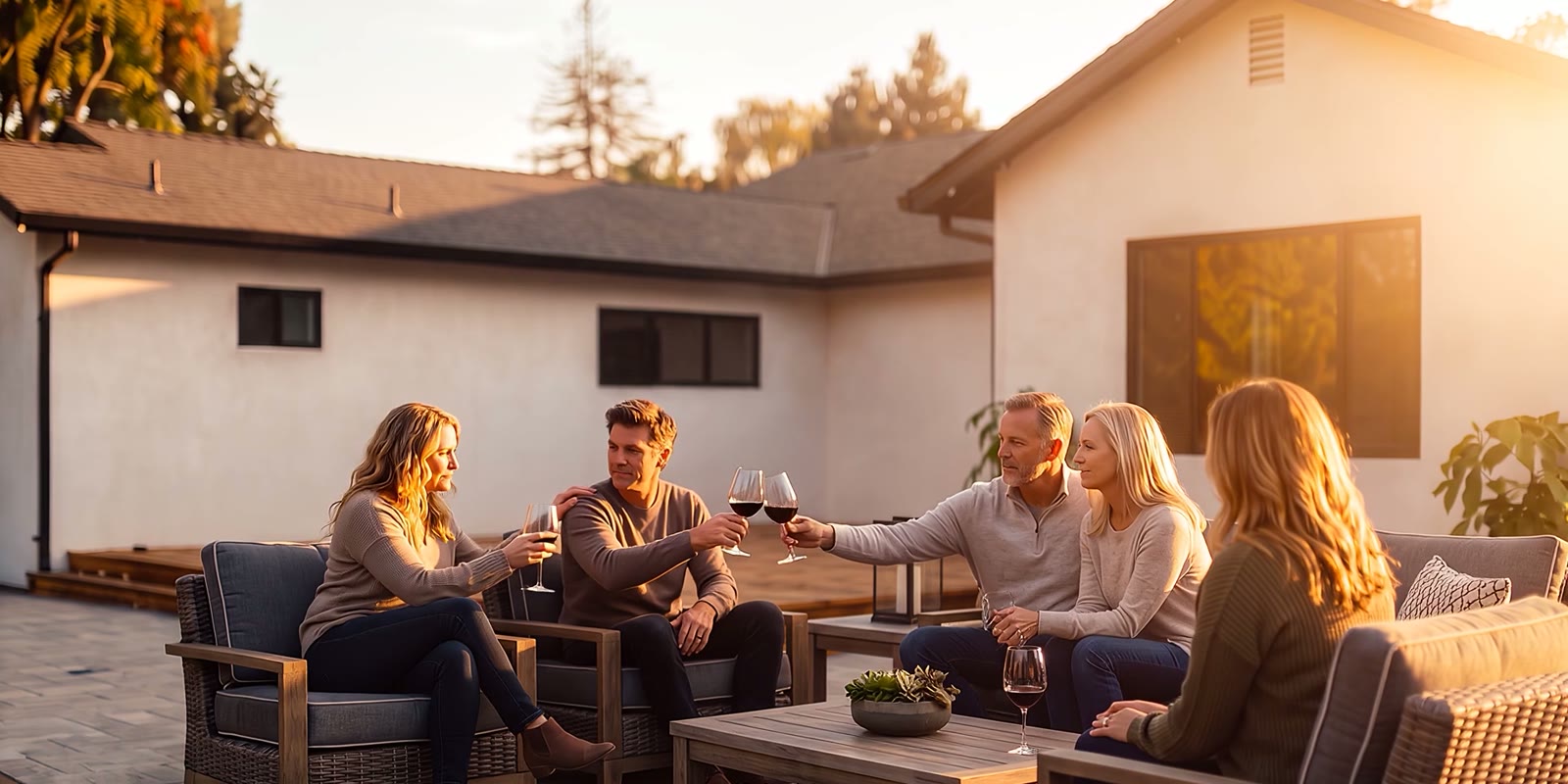 An AI visualization of two couples raising wine glasses on a patio at sunset