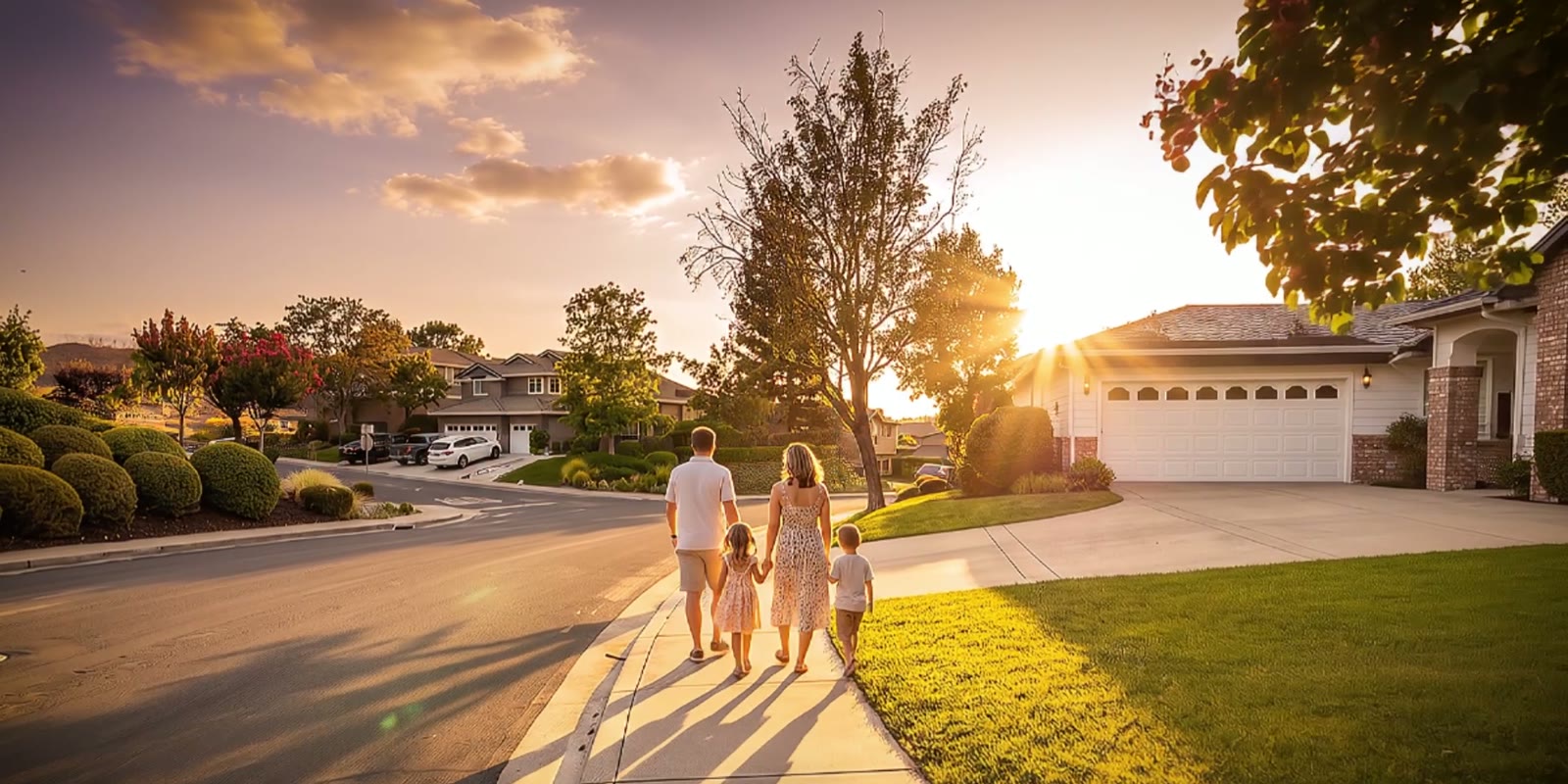 An AI visualization of a family walking hand in hand along a sunlit suburban street toward their home at sunset