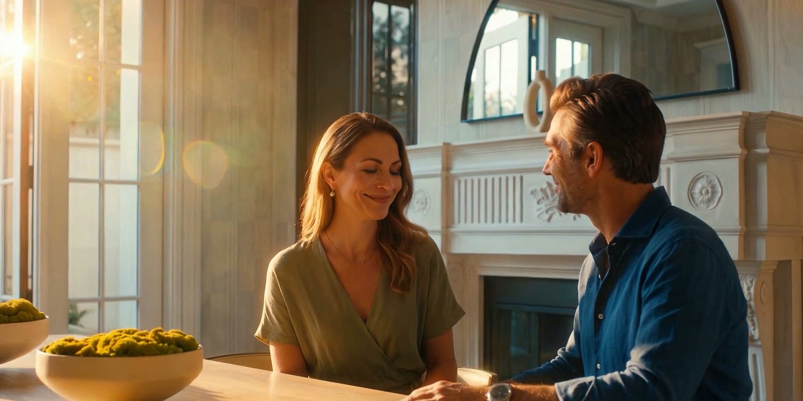 An AI visualization of a couple talking and smiling at a kitchen island beside a fireplace