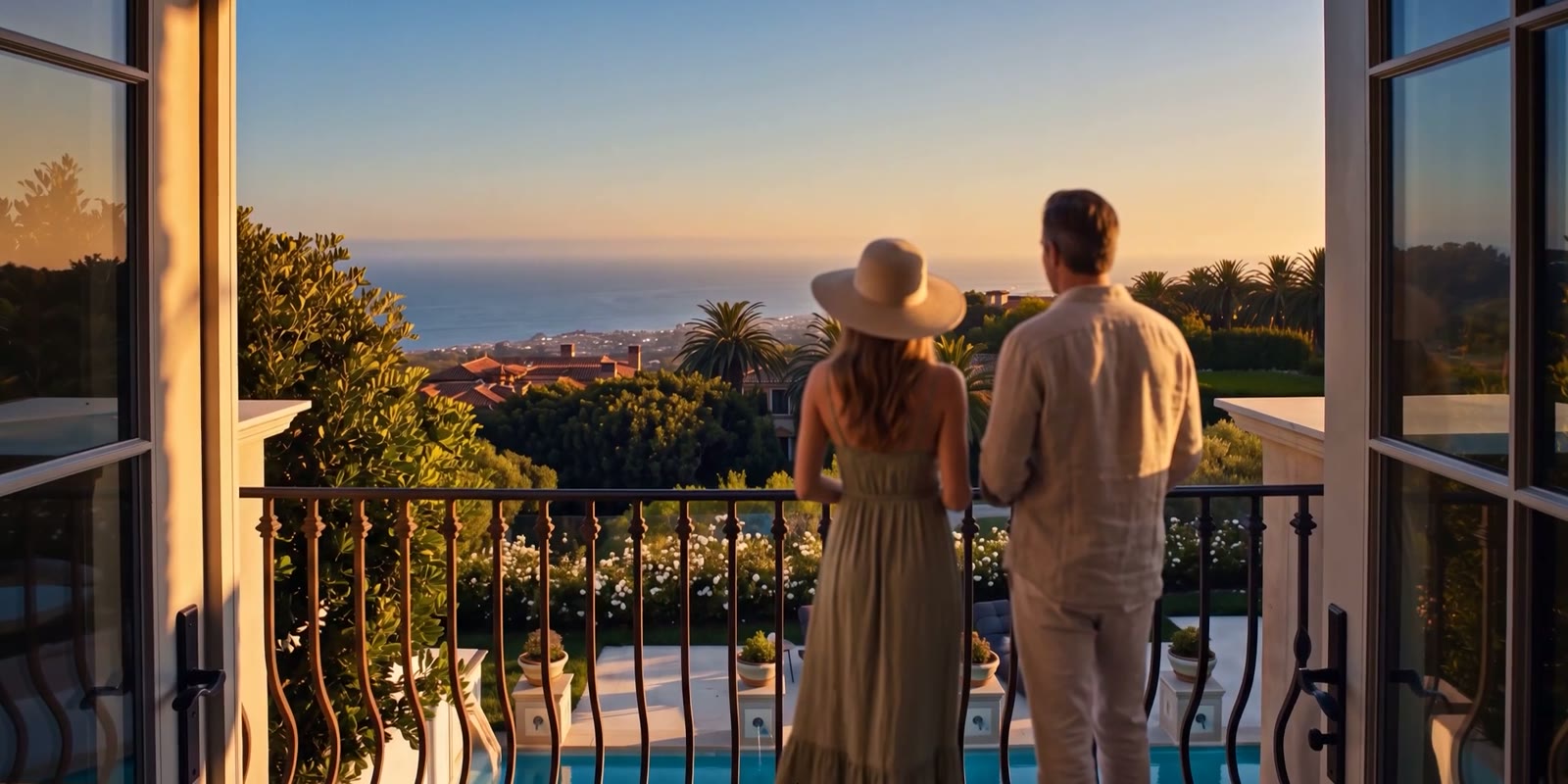 An AI visualization of a couple on a balcony looking out over the coast at sunset