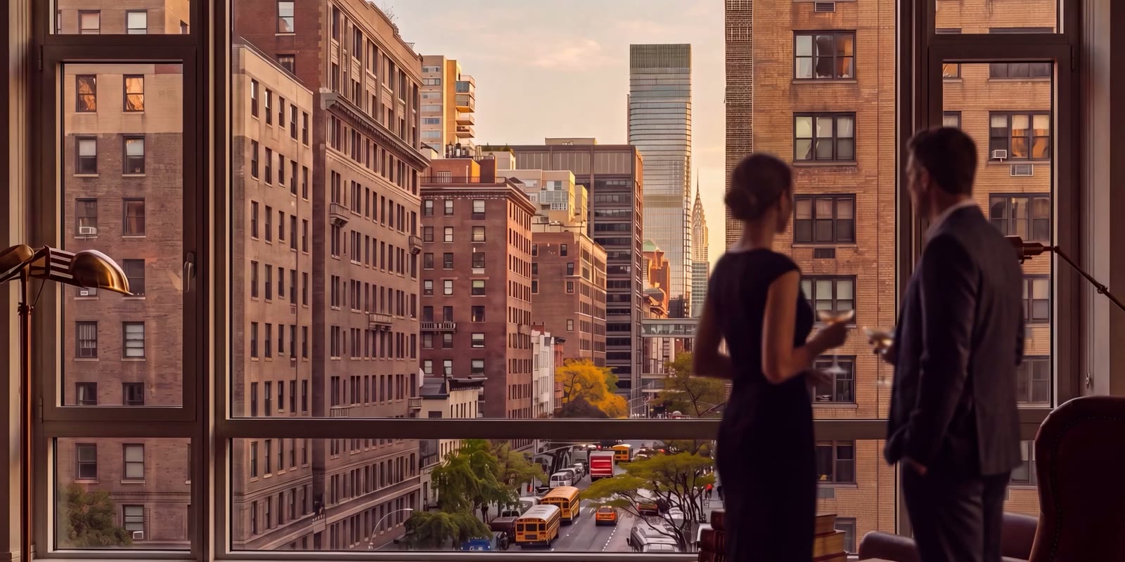 An AI visualization of two people beside a tall window overlooking a city street at golden hour