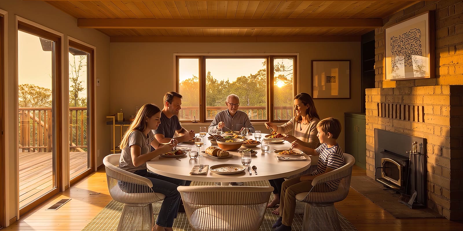 An AI visualization of a family sharing a meal around a round table in a warm dining room at sunset