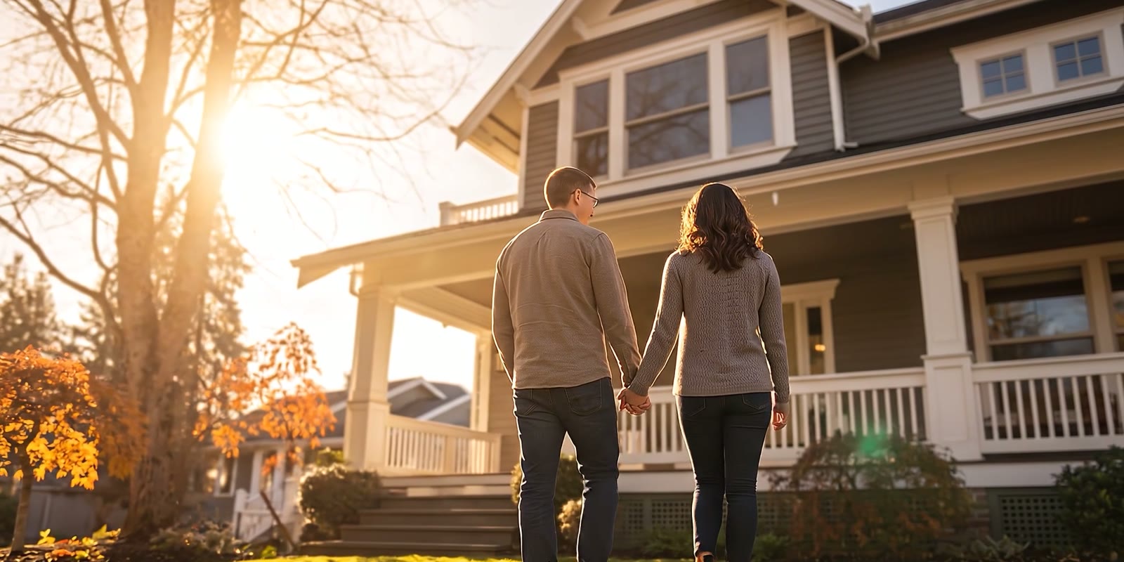 An AI visualization of a couple holding hands as they walk toward a craftsman home in autumn light