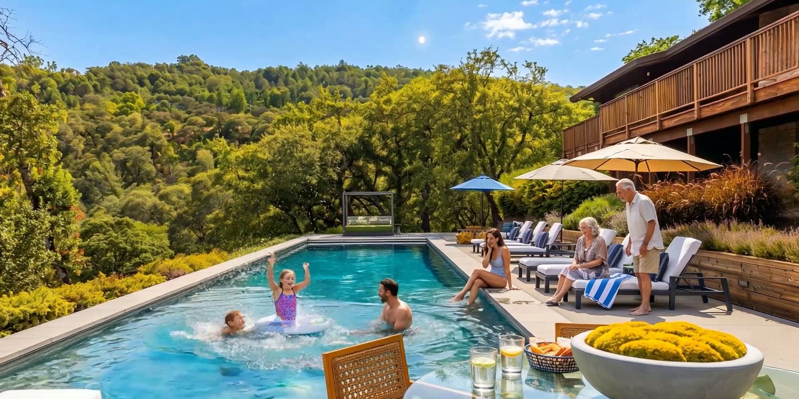 An AI visualization of guests swimming and relaxing around a pool beside a wooded hillside