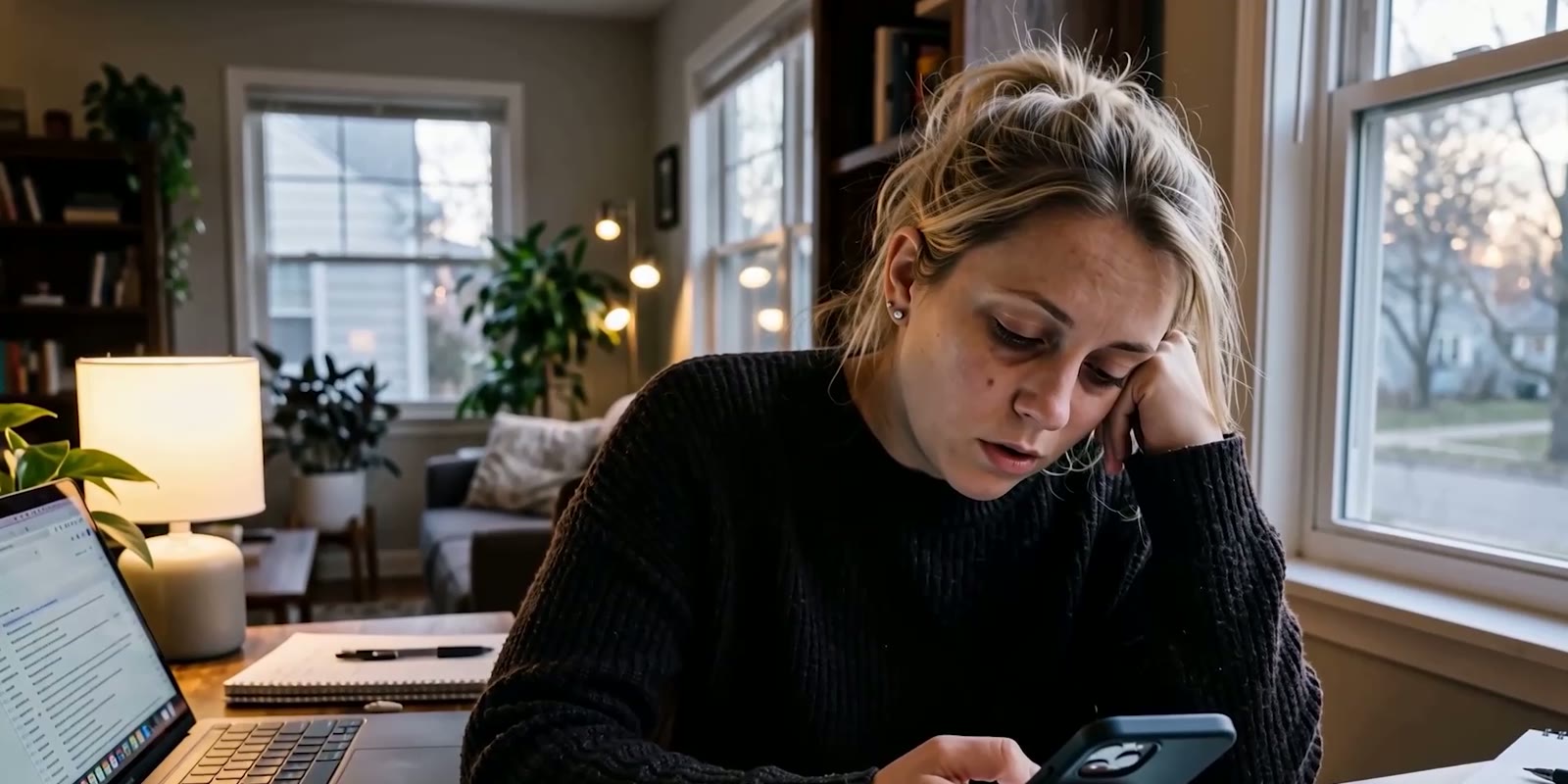 An AI visualization of a person resting their head on one hand while scrolling on a phone at a desk