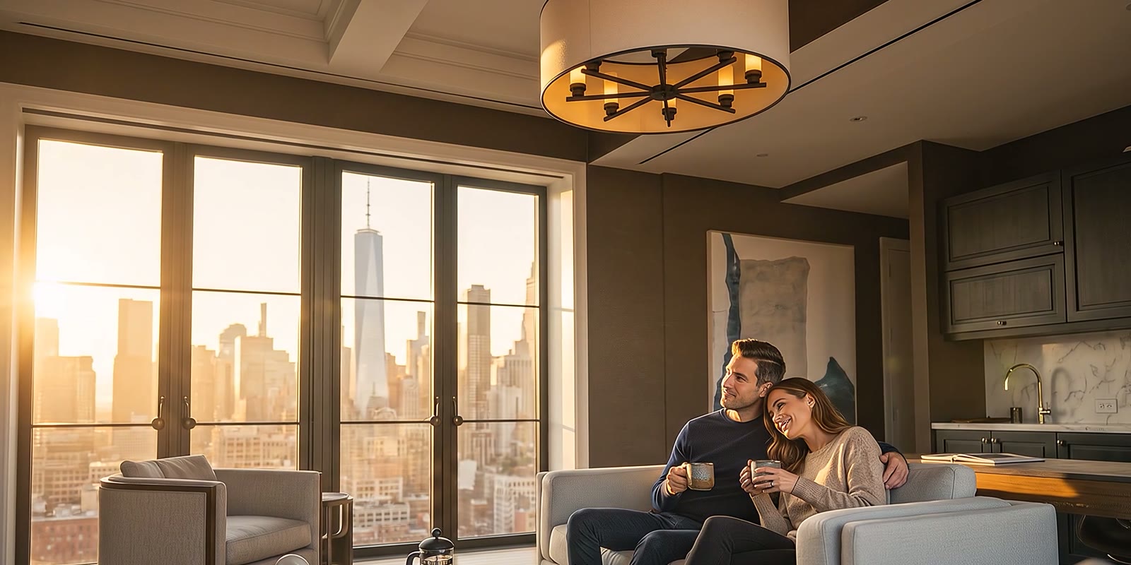An AI visualization of a couple on a sofa with mugs, looking out at a city skyline at sunrise