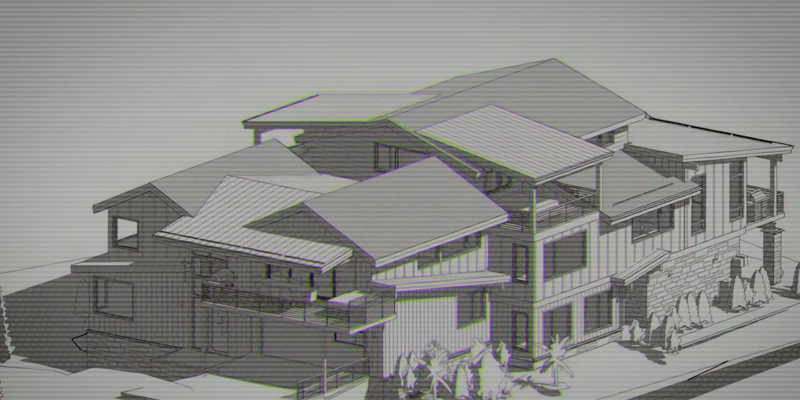 An architectural rendering of a multilevel residential development with pitched roofs and balconies