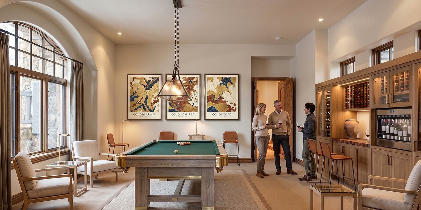 An AI visualization of guests beside a billiard table and wine bar in a light-filled interior