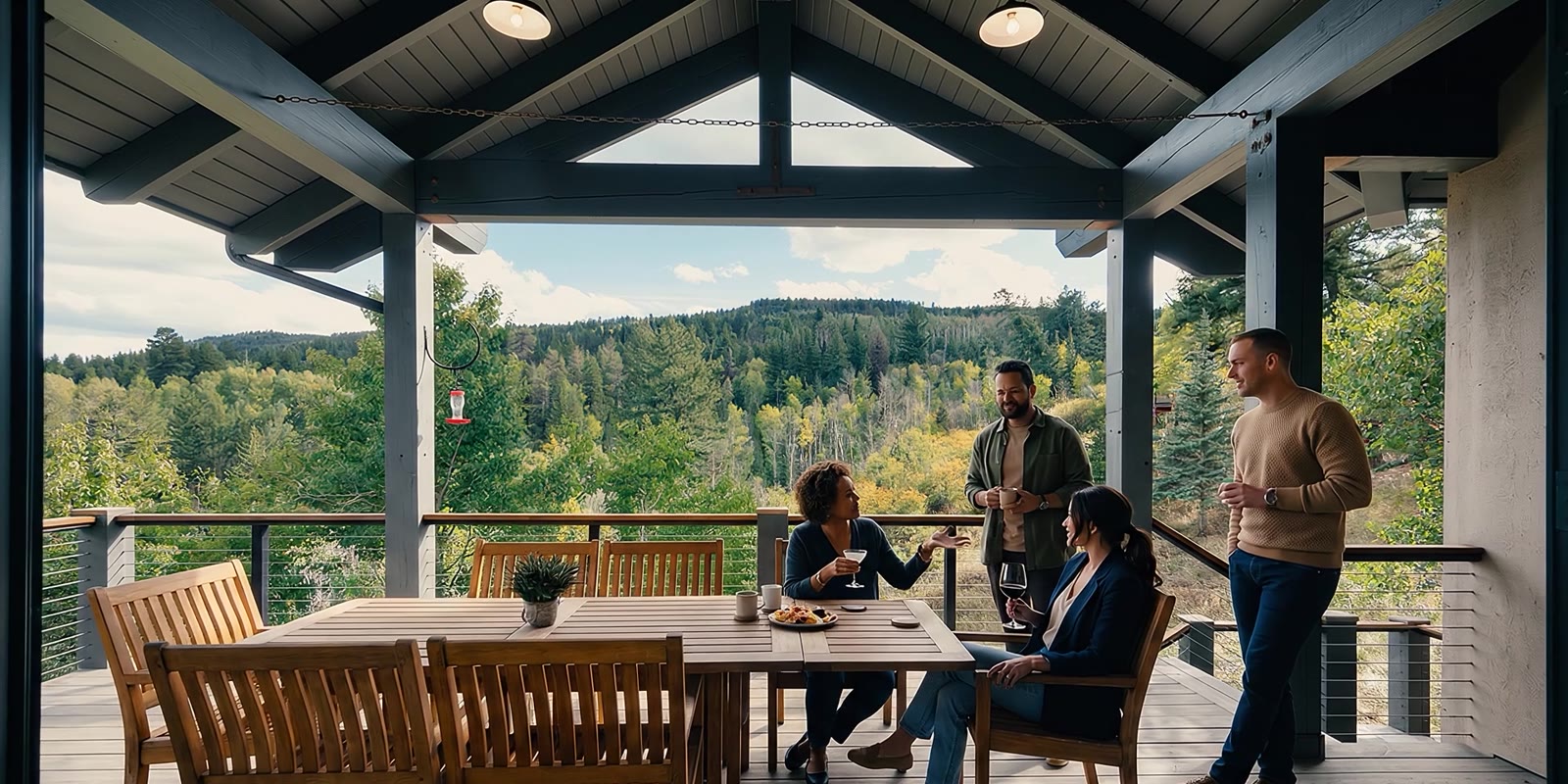 An AI visualization of people gathering on a covered terrace overlooking wooded hills