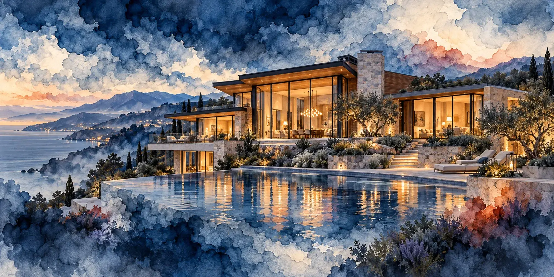 Watercolor illustration of a modern coastal estate at dusk, with glass walls, an infinity pool, and an ocean view