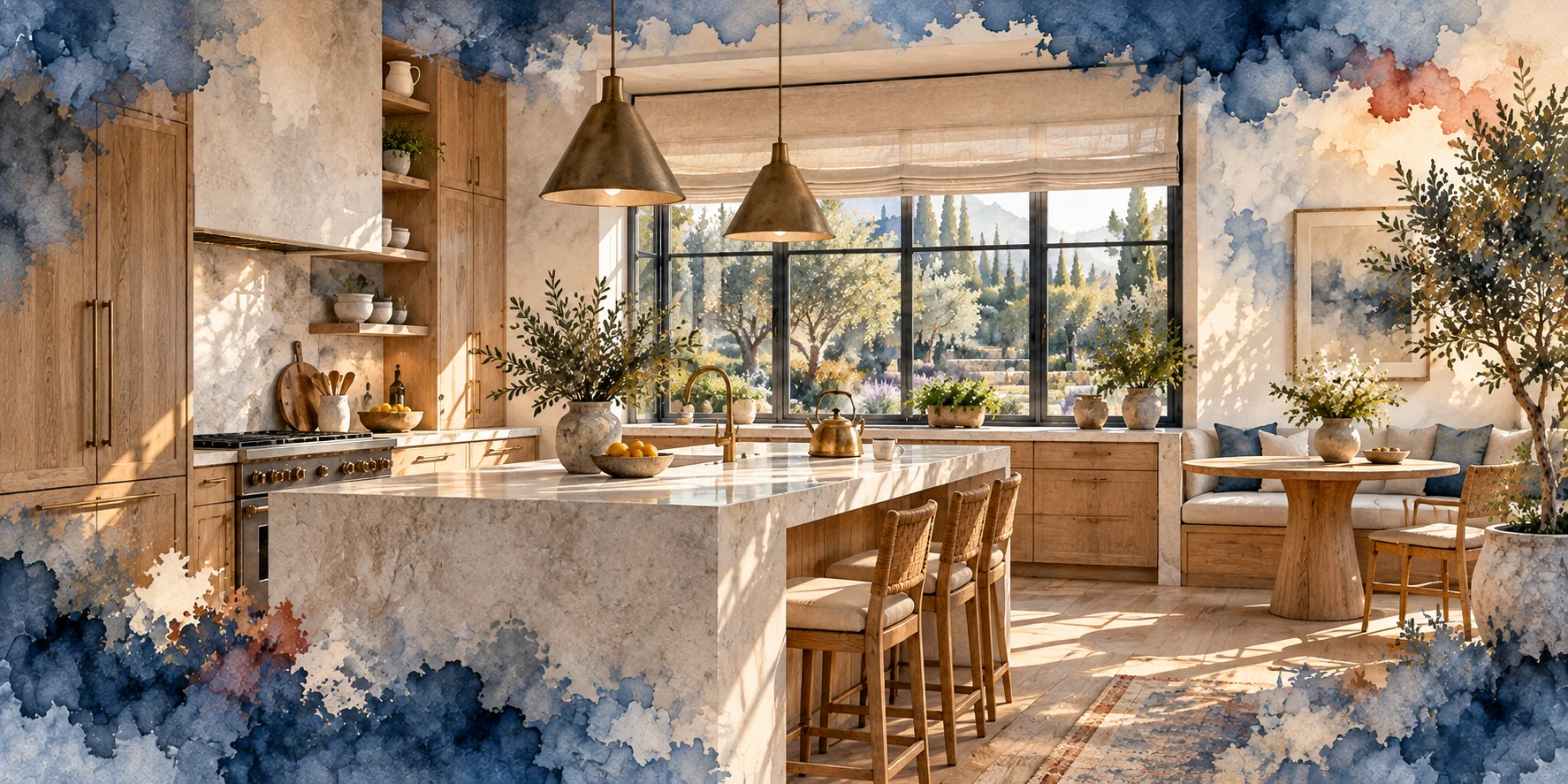 Watercolor illustration of a sunlit limestone-and-oak kitchen with a breakfast nook and a garden view