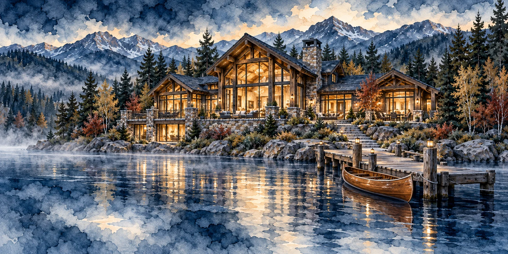 Watercolor illustration of a timber-and-stone lake house below mountains, with a canoe tied at its dock