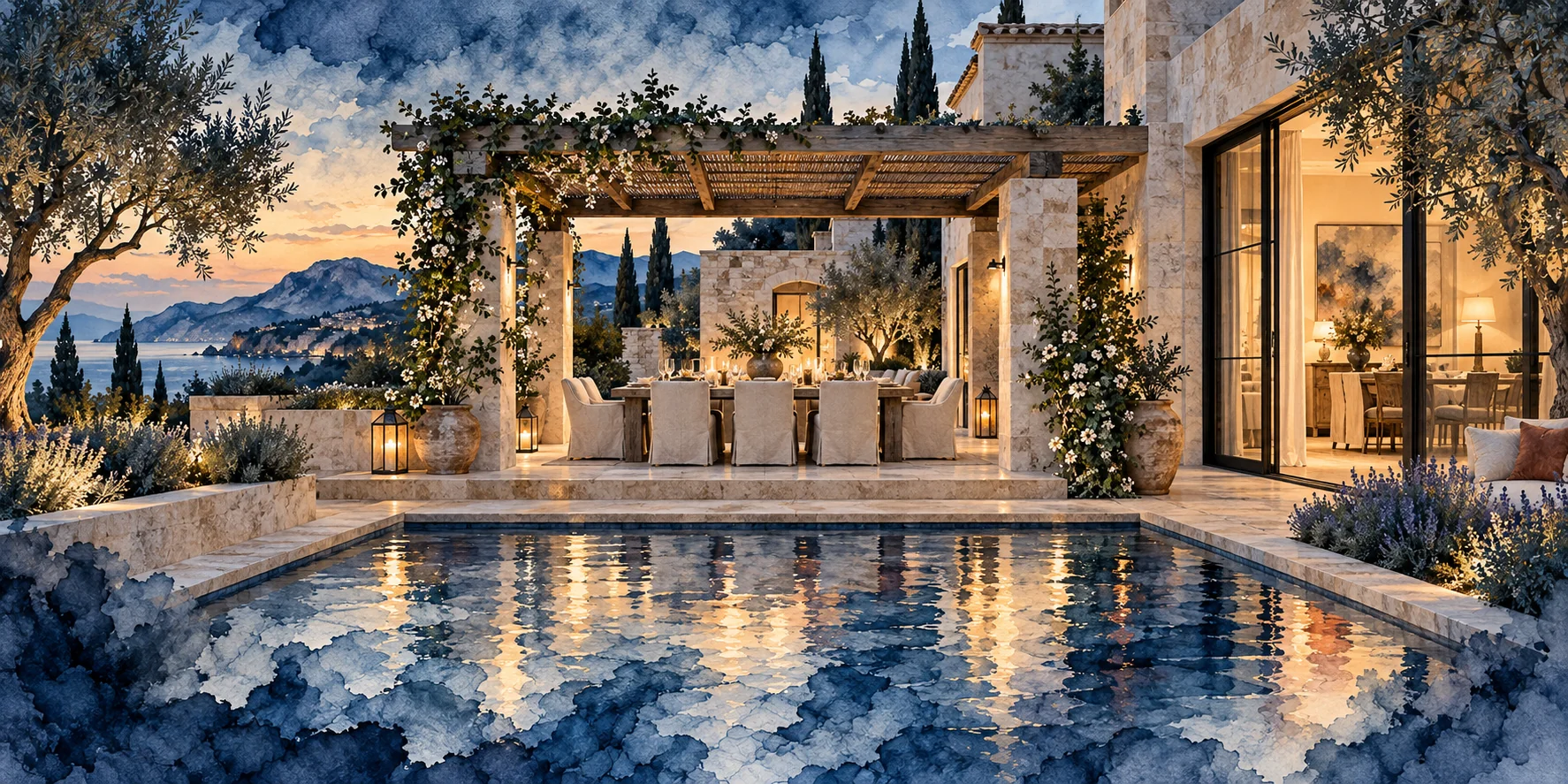 Watercolor illustration of a Mediterranean villa's dining terrace under a pergola, set for dinner beside a pool at dusk