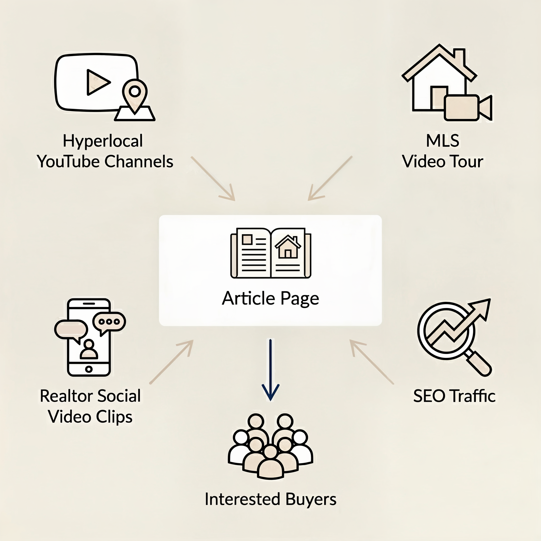 Four traffic sources diagram showing Hyperlocal YouTube Channels, MLS Video Tour, Realtor Social Video Clips, and SEO Traffic all driving to the Article Page and converting Interested Buyers