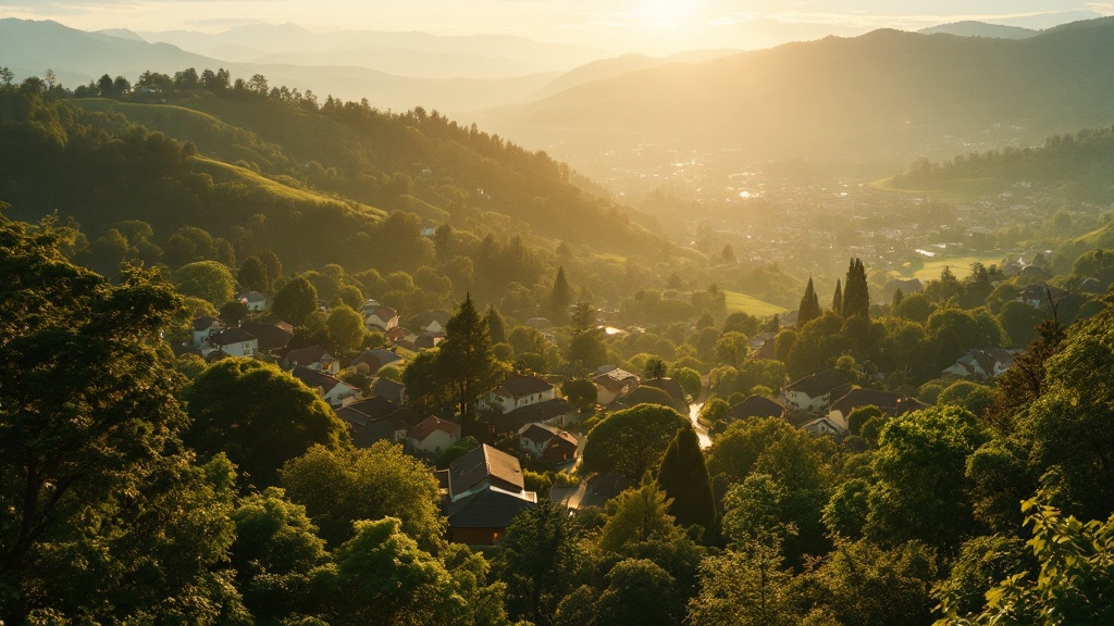An elevated golden-hour view over a leafy residential neighborhood settling into rolling hills