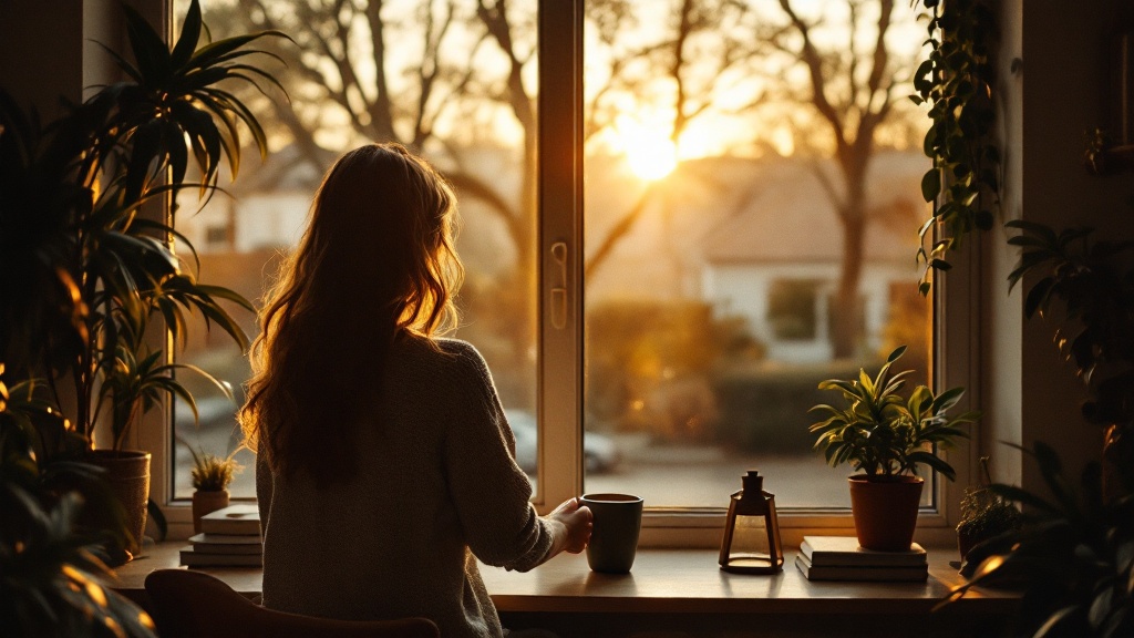 A person seen from behind at a window at dawn, holding coffee, looking out over a quiet neighborhood