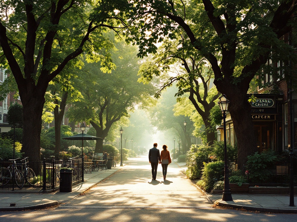 A tree-lined residential street on a Saturday morning, a couple walking past a corner cafe